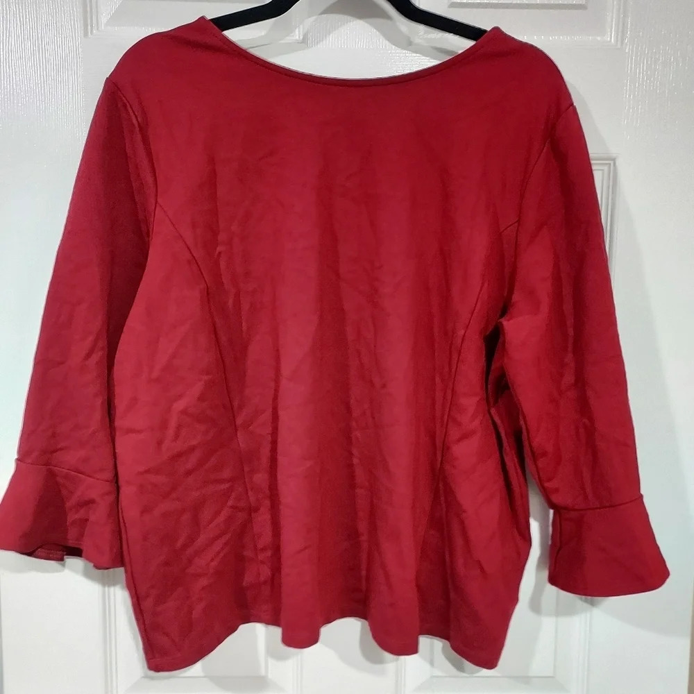 Talbots Woman Maroon Red 3/4 Ruffle Trim Sleeves Boat Neck Blouse in Size 2X